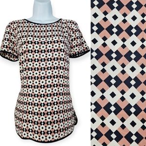 NWOT J Crew pink blue & white geometric print silk blouse top Womens Small